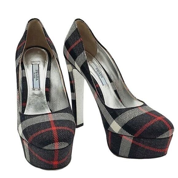 Prada Anthrocite Tartan Platform Heels, Prada Plaid Heels - Picture 2 of 8